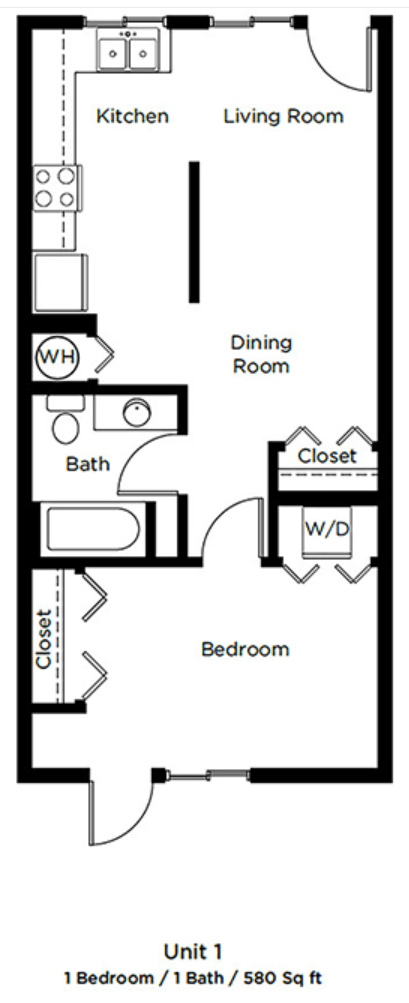 Floor plan for 1 bed, 1 bath, 580 sqft
